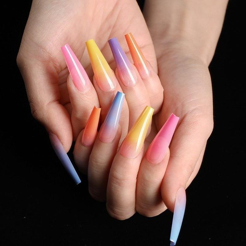 24pcs/bag Long Coffin Fake Nails Rainbow Ballerina Full Cover Nail Art Tips Beauty Artificial False Nails Manicure Charms