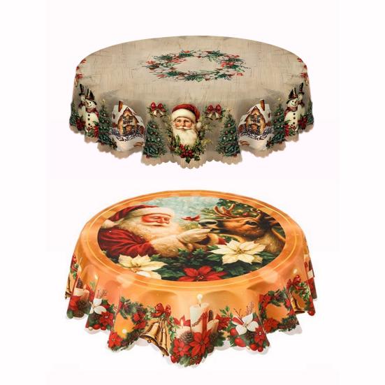 Christmas Round Tablecloth 60 Inch Wrinkle-Free Santa Claus Table Cover Retro Tablecloth Winter Decoration for Home Dining Table