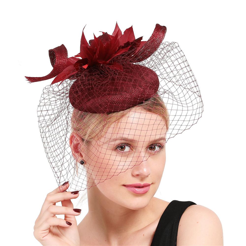 

Европейский и американский ретро высококачественный головной убор из конопляной пряжи, головной убор для показа мод, свадебные перьевые аксессуары для волос, бордовая высокая шляпа бордовый