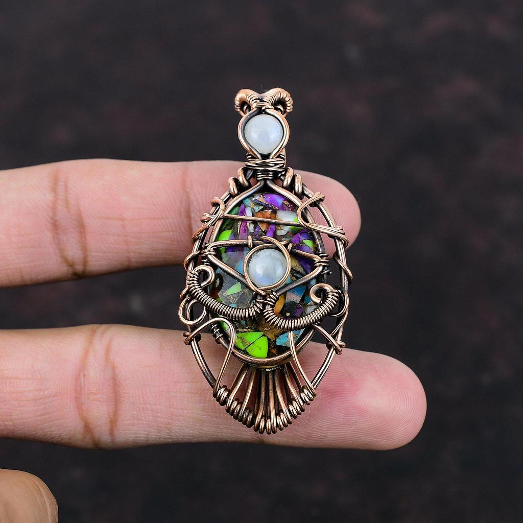 Fiesta Kingman Turquoise Pendant Copper Wire Wrapped Gemstone Pendant Evil Eye Multi Copper Turquoise Pendant Rainbow Moonstone Wire Jewelry