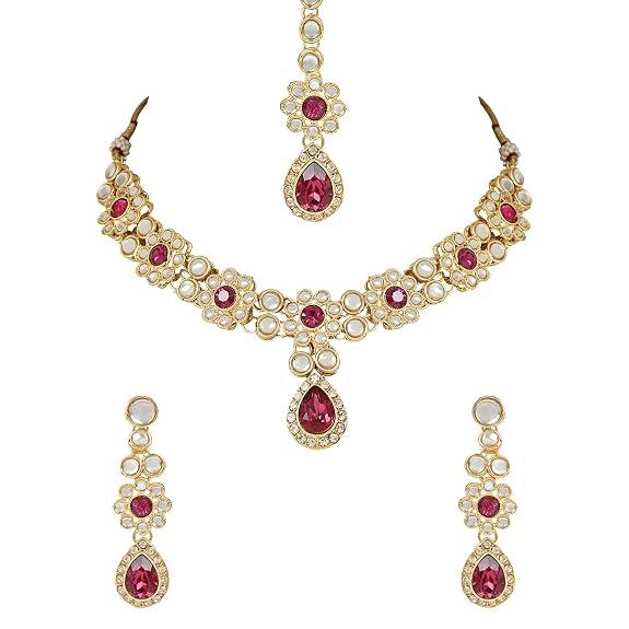 Gold Plated Traditional Kundan Stone Choker Necklace With Earrings & Maang Tikka Jewellery Set for Women