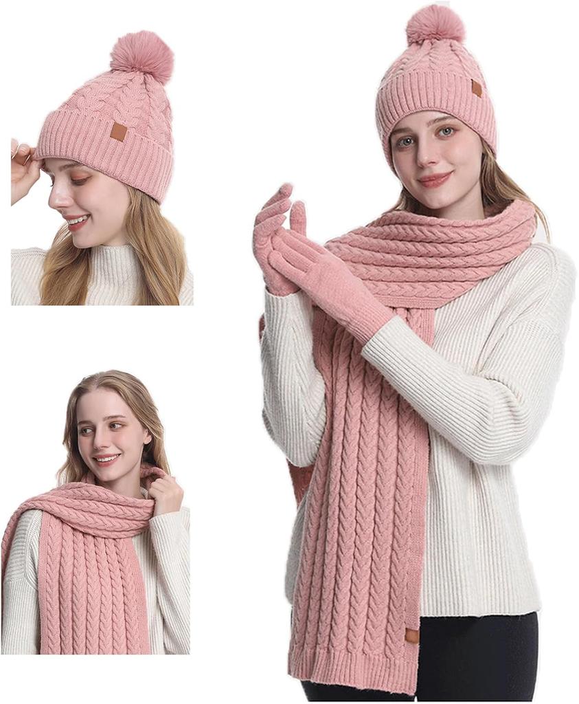 Winter Hat Beanie Long Scarf Touchscreen Gloves Set 3Pcs Soft Thick Fleece Lined Gloves Skull Cap Scarf Set for Women Men