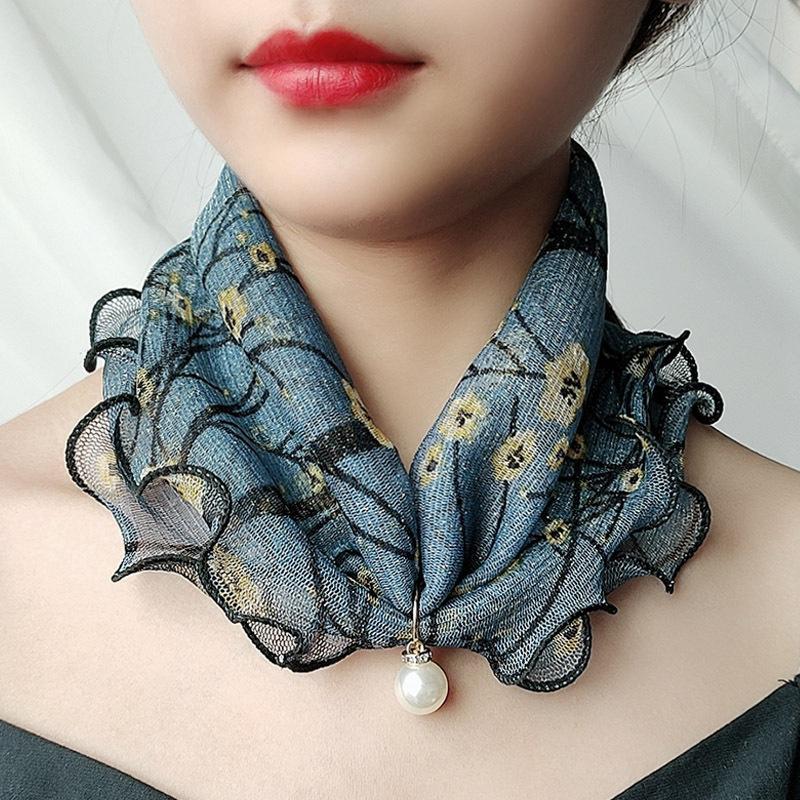 Fake Pearl Pendant Organza Neck Collar Chiffon Scarves Lace Pearls Scarf Fashion Print Shiny Variety Scarf Clothing Accessories