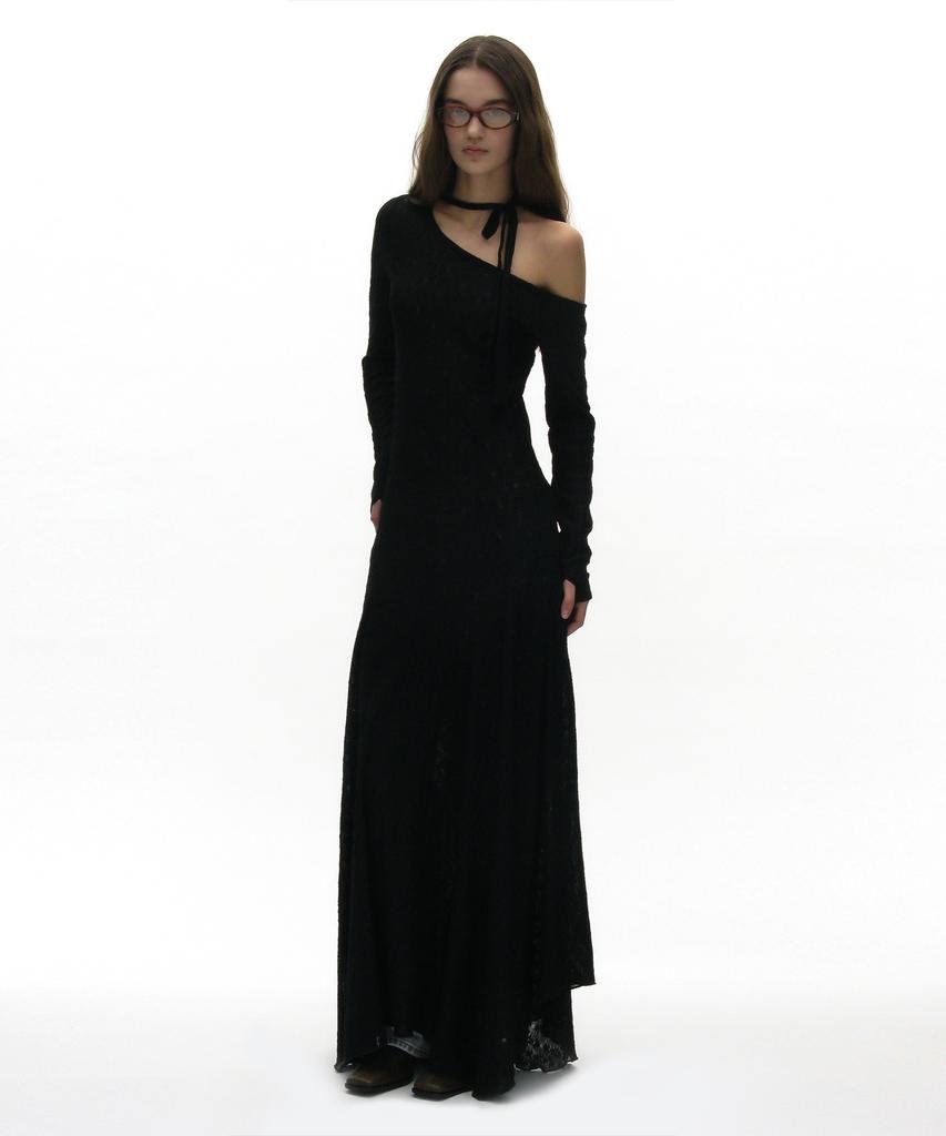 Partimento Woman Sheer Lace Tie-Neck Maxi Dress_Black