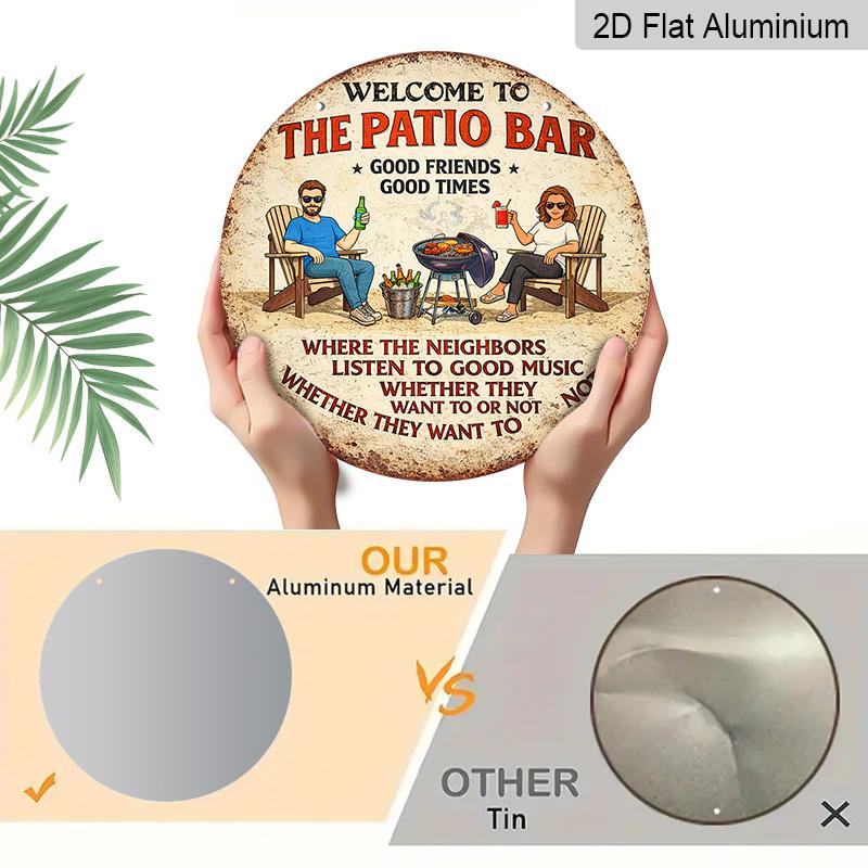 2D Flat, 1pc Round Aluminum Hanging Sign, "Welcome To The Patio Bar" Retro Metal Wall Plaque, Vintage BBQ & Friends Drinking Design, Ideal for