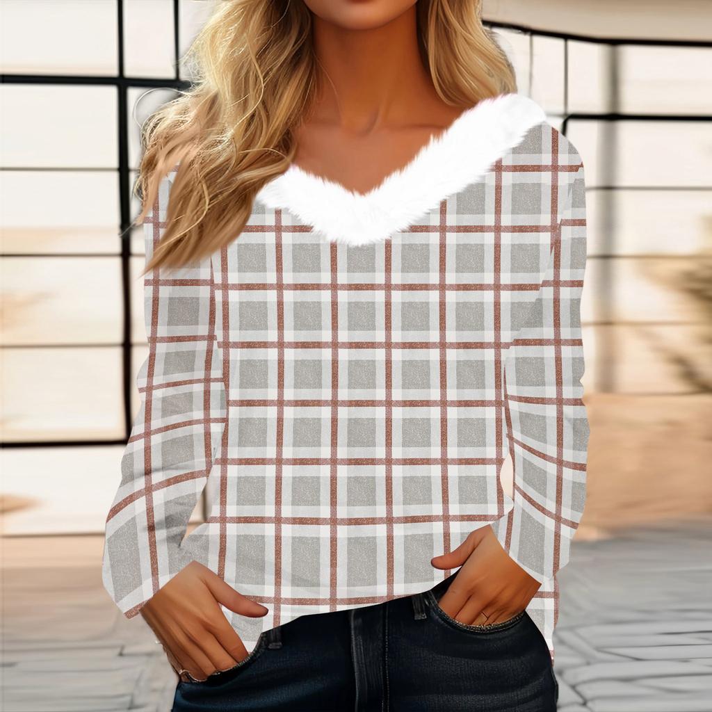Women's Fashion Long Sleeve Plaid Print Fleece Collar V-Neck Top