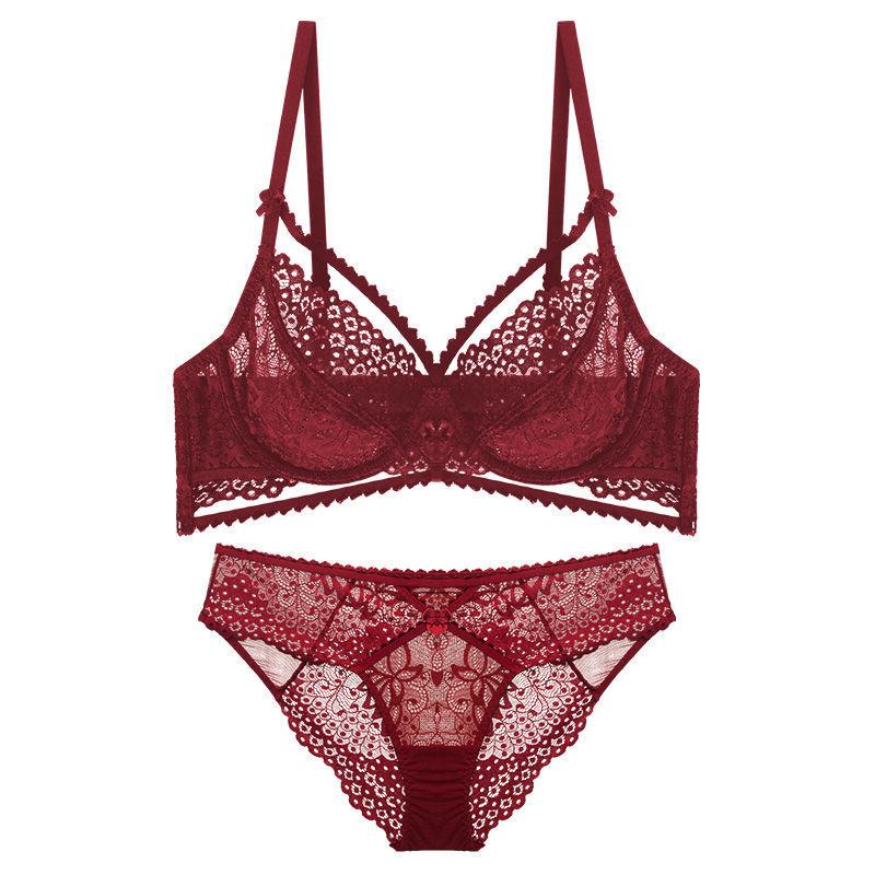 New pure desire wind lace with steel ring upper support underwear set sexy hollow small chest not empty cup gathering bra cover