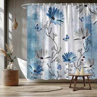 1pc Light Blue and White Daisy Patterned Shower Curtain, Machine Washable, Polyester Fabric, Suitable for Bathroom Décor.