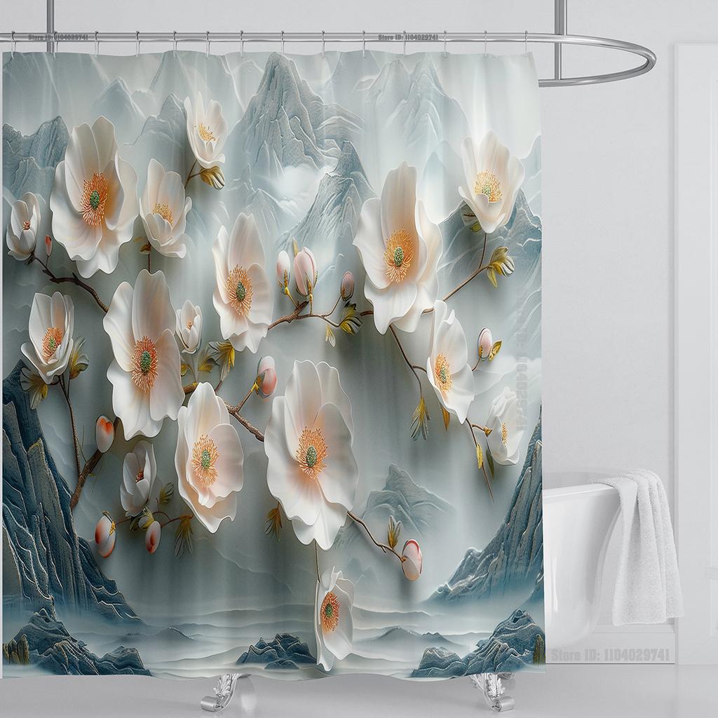 3D Stereo Beautiful Flower Printing Bathroom Curtain Waterproof Polyester Shower Curtain Home Decoration Curtain with Hooks