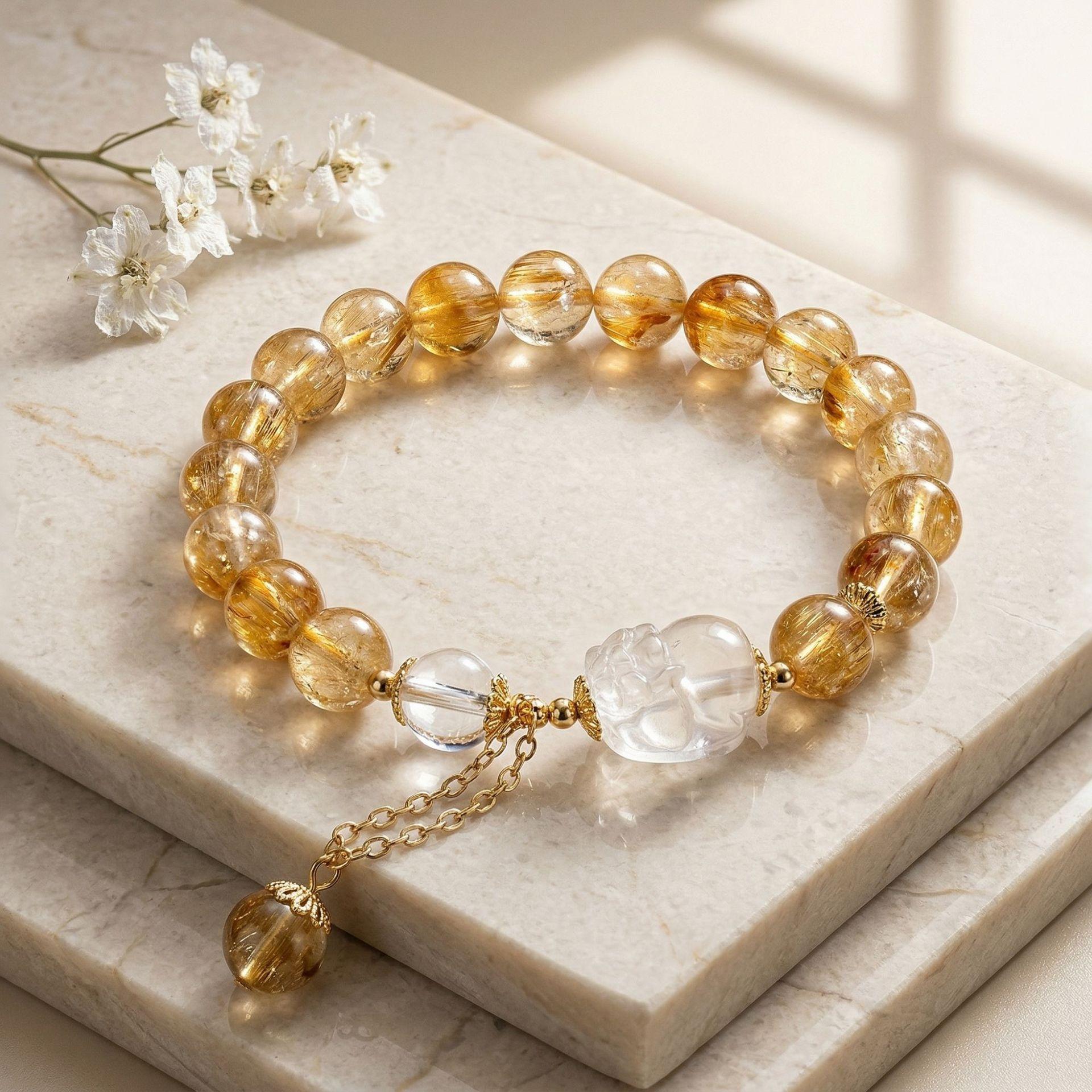 

Natural yellow crystal bracelet for women, original design beaded yellow crystal, gold and white crystal Pixiu bracelet gift 8.6m Yellow Tower Gold+Wh