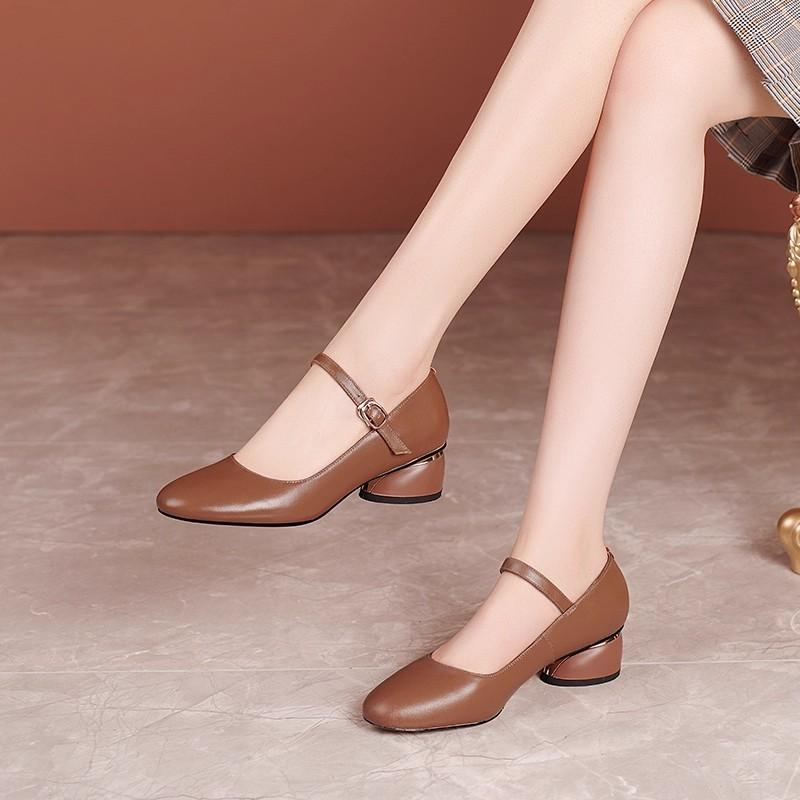 Spring and Autumn Single Shoes Soft Sole Comfortable Leather Shoes Women's Thick Heel One-word Buckle Work Shoes