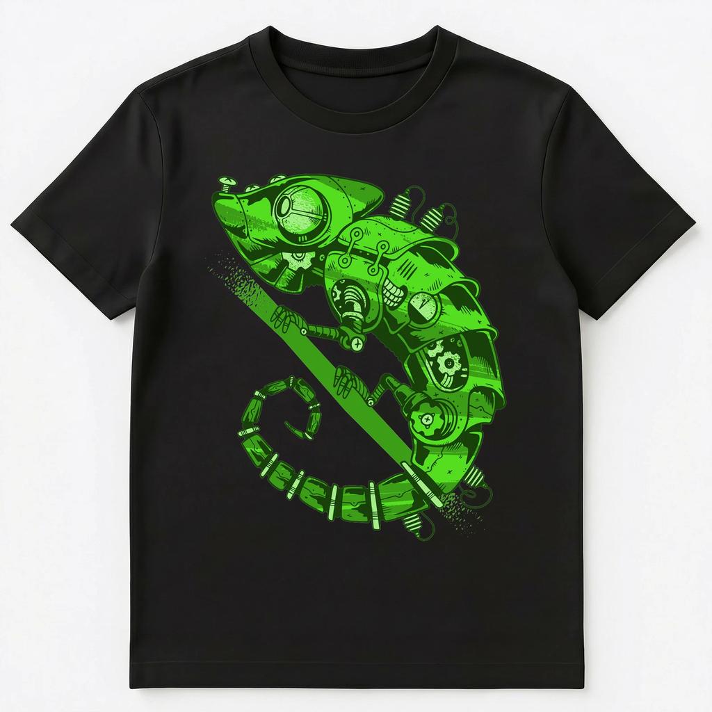 Grünes Steampunk Mechanisches Chamäleon Grafik Unisex T-Shirt