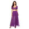 S-XXL Women Oriental Dance Costume Gold Trim V Neck Crop Top Short Sleeve and High Waist Flowy Chiffon Skirt with Side Slit Ruffles