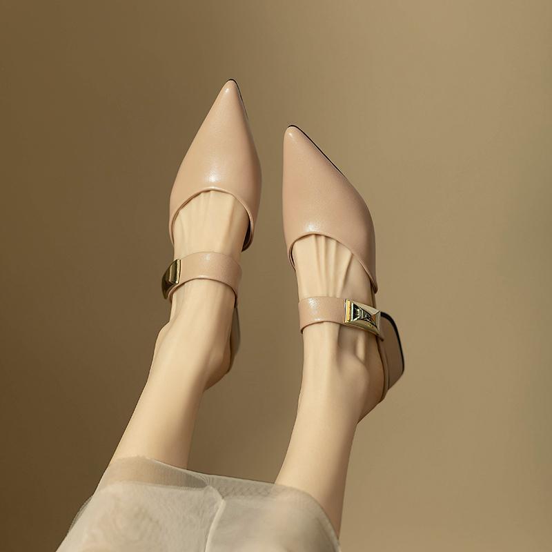 French Bag Head Half Slippers Women's Spring 2025 New Internet Celebrity Thick Heel Mueller Shoes Thick Middle Heel Pointed Single Shoes Women's Summe