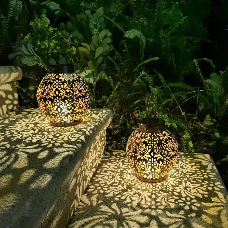 Solar Led Lantern Light Outdoor Hanging Projection Light With Hollow Wrought Iron Design Waterproof Yard For Garden Art Decoration
