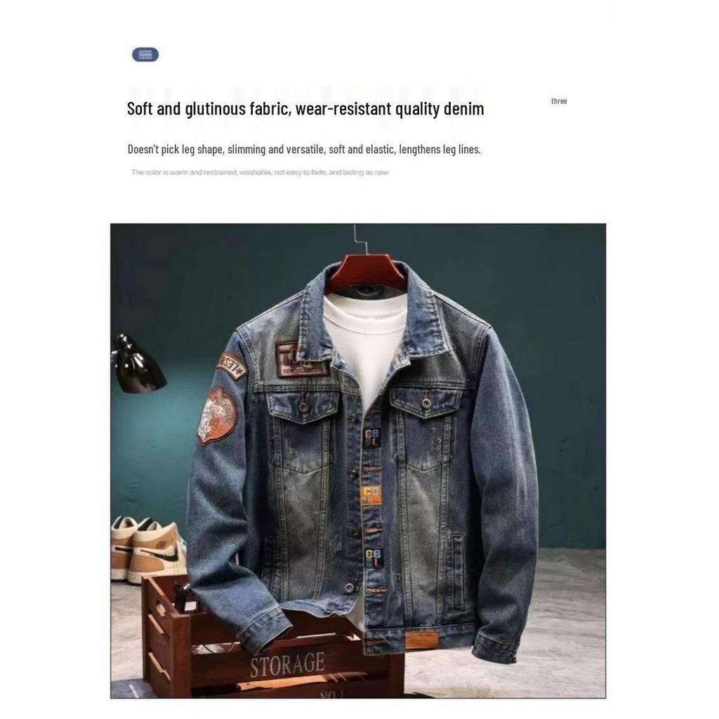 Giacca di Jeans da Uomo Ricamata Americana Retrò - Autunno/Inverno Spessa, Larga, Stile Trendy
