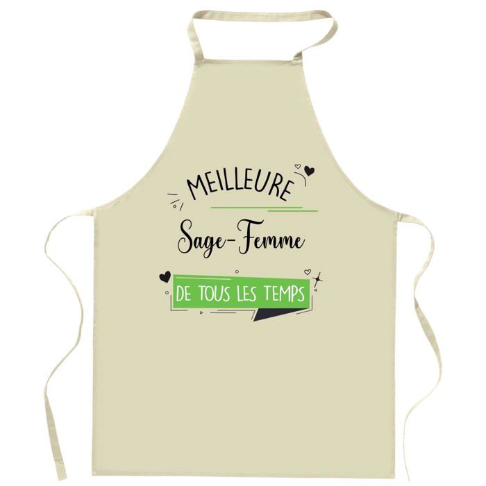 Tablier de cuisine - Sage-Femme Meilleure de tous les temps - Impression texte humoristique - Coton résistant - Fabrication France