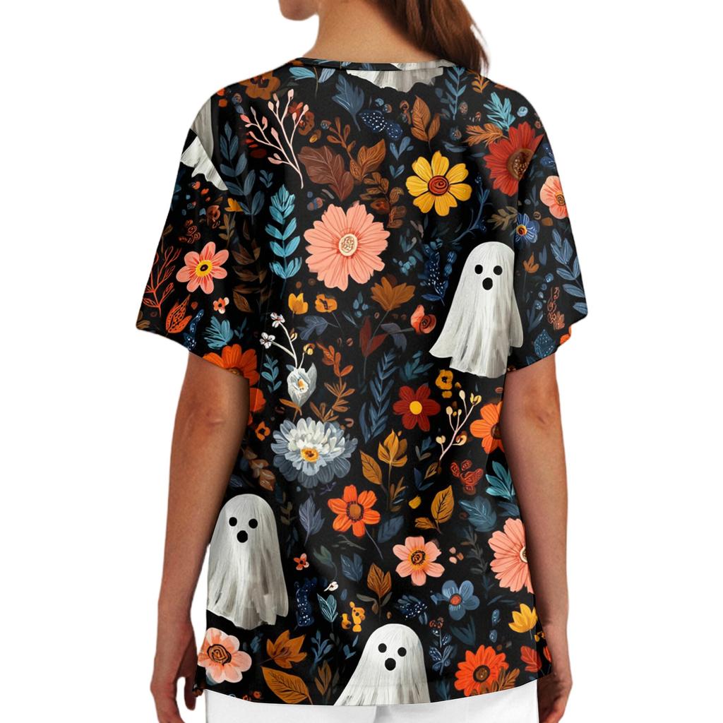 Women V Neck Short Sleeve Scrub Top with Pockets Side Slit Halloween Print Floral Pattern Nurse Uniform Shirt