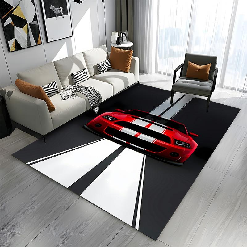 Red Sports Car with Racing Stripes Patterned Carpet a Non Slip Rug Suitable for All Seasons and Any Setting, Gift