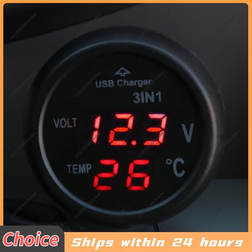 3 in 1 Digital LED Car Cigarette Lighter Voltmeter Thermometer Car Truck USB Charger 12V/24V Temperature Meter Voltmeter
