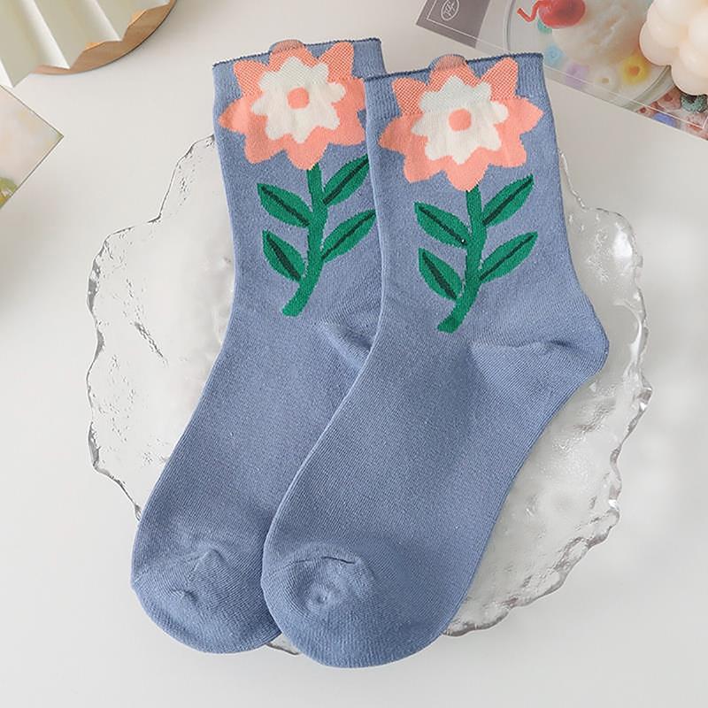 Cotton Women Socks Casual Breathable Japanese Korean Style Cartoon Flower Candy Color  Female Middle Tube Sock