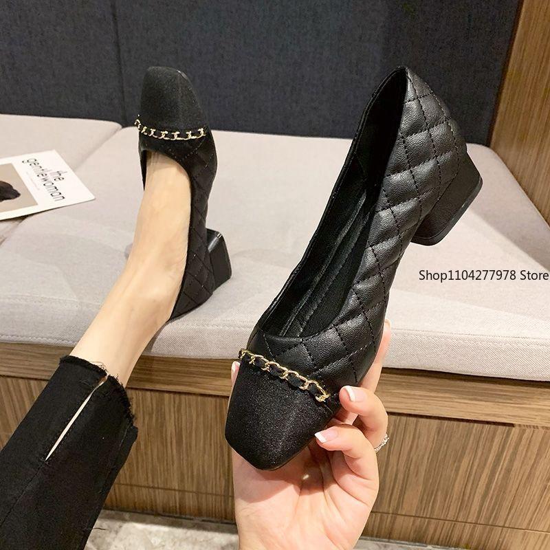 Fashion Office Woman Footwear Beige Fashion Leather Casual Shoes For Women Block Heel Square Toe Low Elegant Popular Vacation Spring Y2k