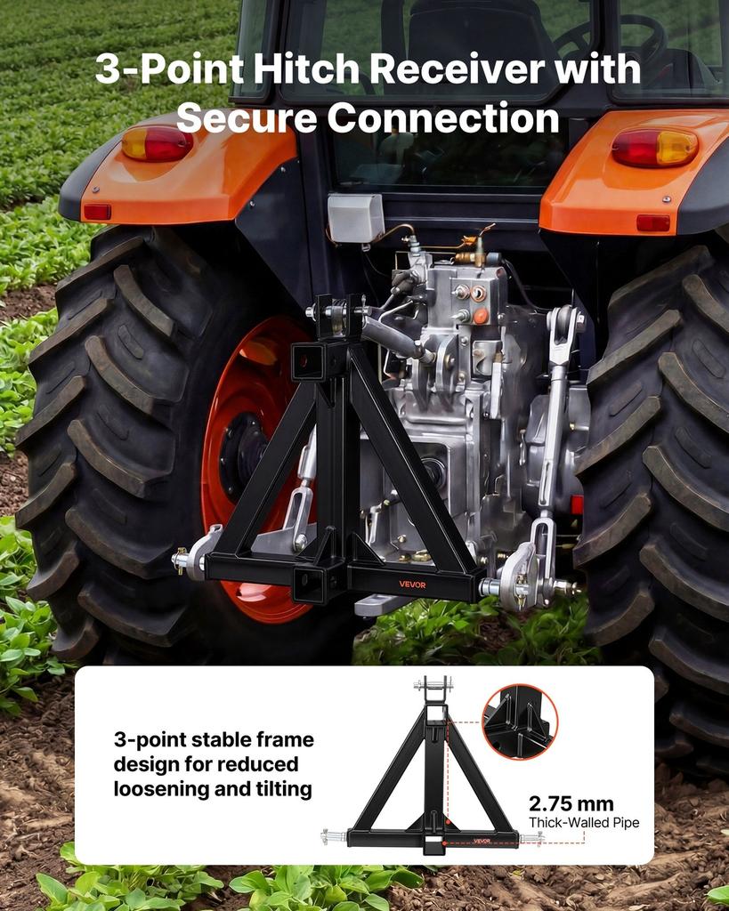 3 Point Trailer Hitch with 50.8 mm Receiver, 3 Pt Quick Hitch Attachment, Tractor Tow Drawbar Adapter, Compatible with Category 1, Kubota, Mahindra,