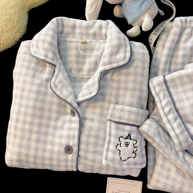 Women's Thickened Flannel Coral Fleece Pajamas - Warm Homewear Set for Autumn & Winter