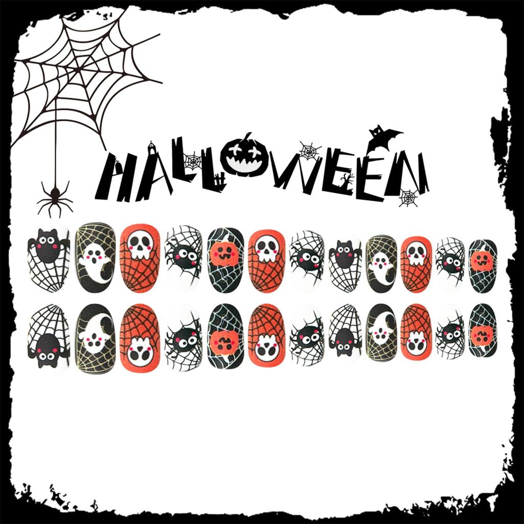 24pcs Halloween Press On Nails Short Oval Bat Fake Nails with Spider Skull Pumpkin Spider Web Designs Ghost False Nail Halloween Acrylic Nail Kit