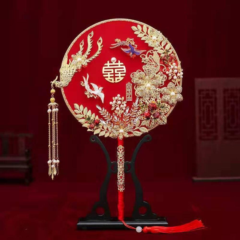 Tassels Phoenix with Pendant Handheld Bridal Group Fan Hand Bouquets Chinese Fan Embroidery Fan