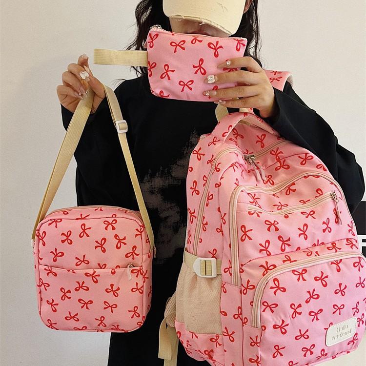 Korean Fashion Bow Print Women Fashion Backpack Lightweight Simple Student Schoolbag Female Bag Set Three-Piece
