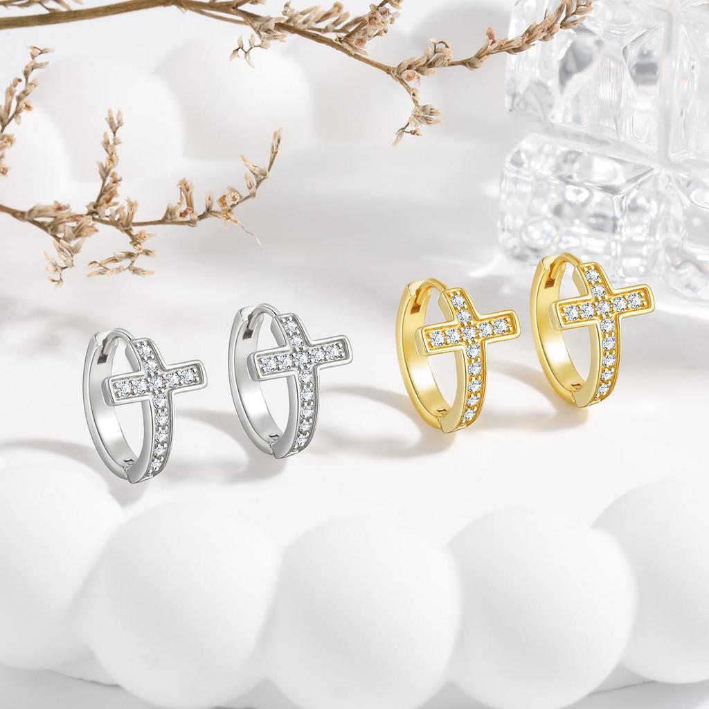 Korean Style Rhinestone Cross Hoop Earrings - Women's Fashionable Minimalist Studs