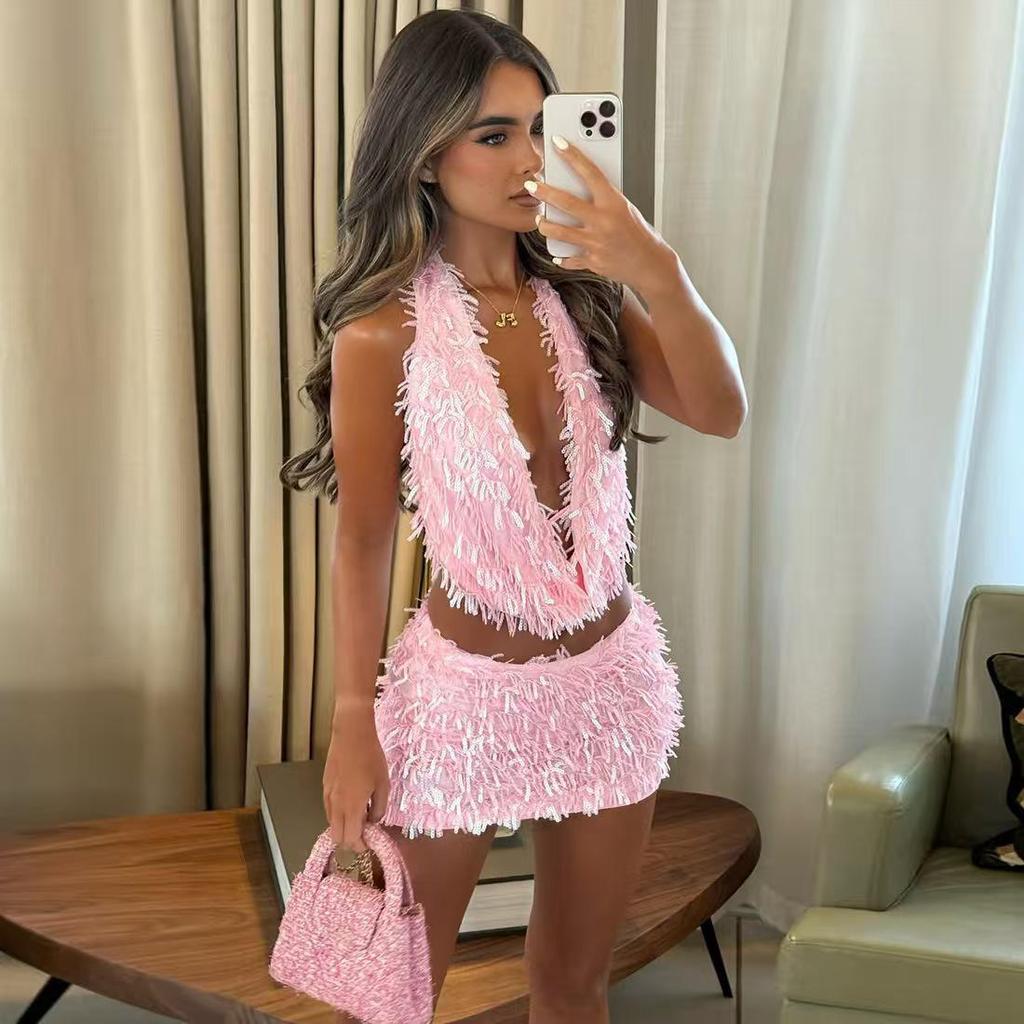 European & American Sexy Halter V-Neck Slimming Short Skirt Set for Women