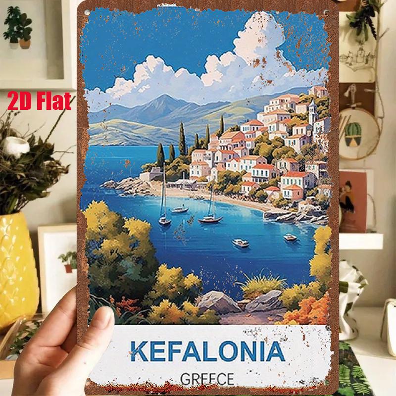 D Flat Pc DFlat Metal Sign Corfu Greece Landscape Tin Painting X InchesX Cm Featuring a Seaside Town with Blue