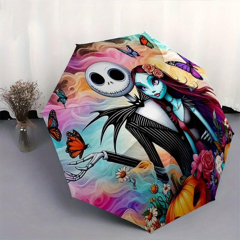 1 Ombrello Portatile Colorato con 8 stecche, a Tema Jack Skellington e Sally, Apribile Automaticamente, per Uomo e Donna, un Compagno Compatto per il Pendolarismo Adatto per Da