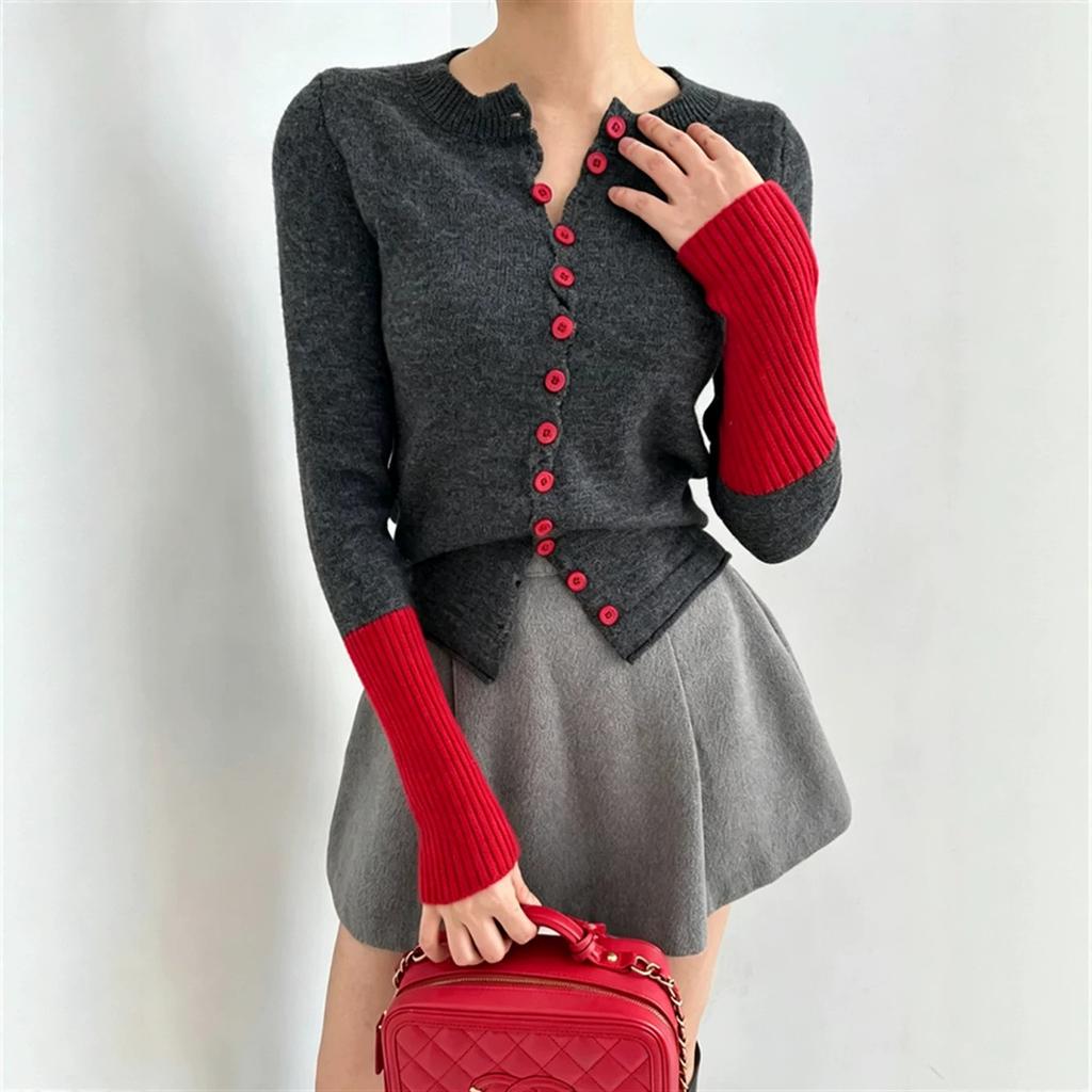 Women's contrasting cuff knitted cardigan crew neck single-breasted slim-fit knitted top autumn and winter casual cardigan sweater