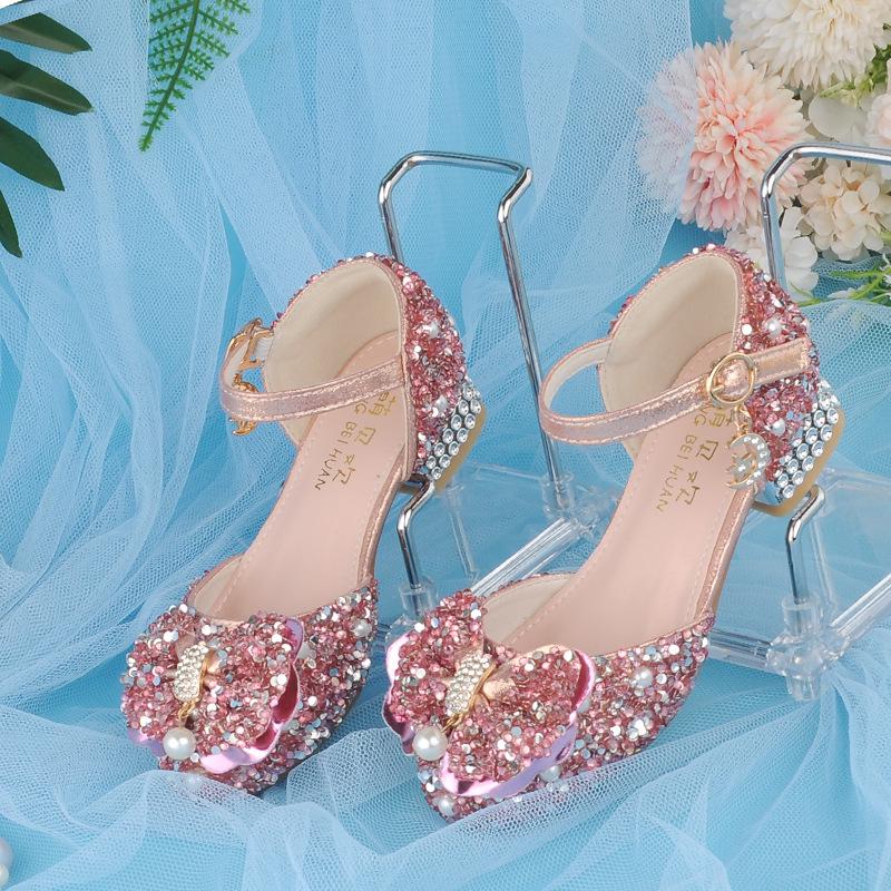 Girls Crystal Bow High Heel Shoes Shiny Princess Dress Footwear Piano Performances Leather Kids Party Pumps
