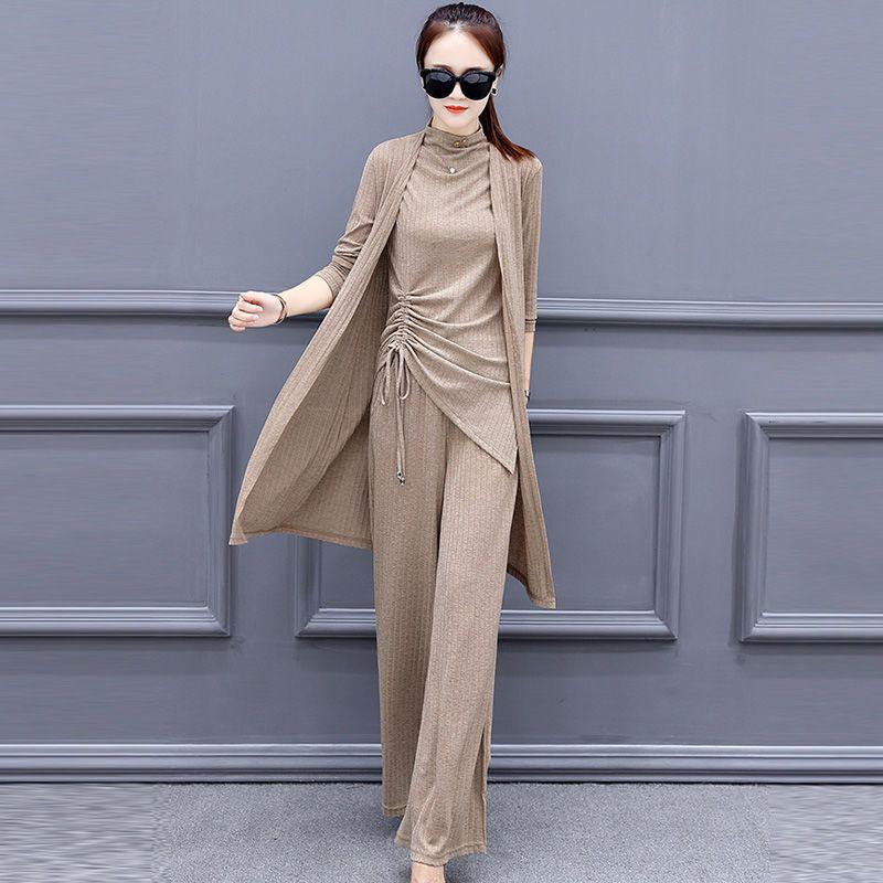 Plus Size Women's Slimming Wide-Leg Pants Suit Set - Spring/Autumn 2026 Style, Semi-High Neck, Casual Three-Piece.