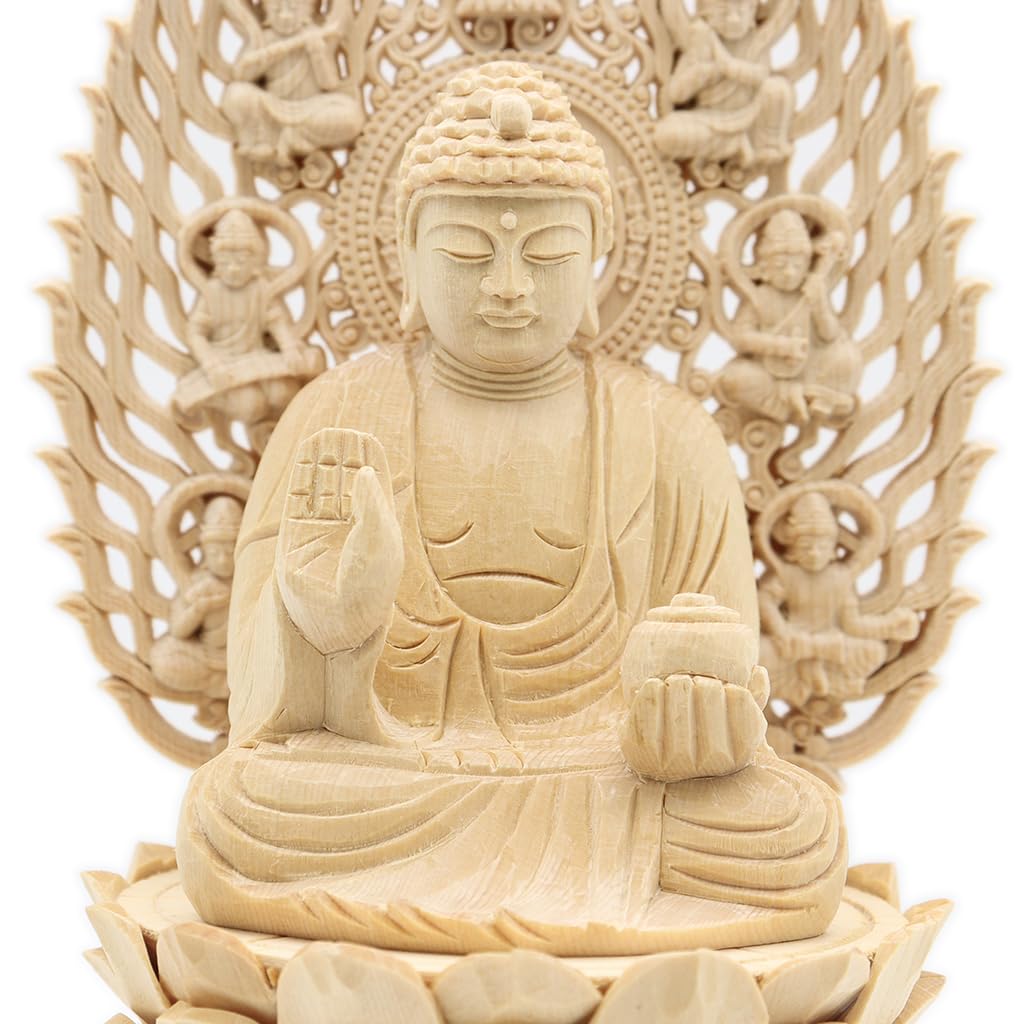 Special Buddhist Statue Yakushi Nyorai Seated Statue Inches Height 22 Width 10 Depth 10 Carved Cypress Wood Flying Celestial Halo Octagonal Base 6791