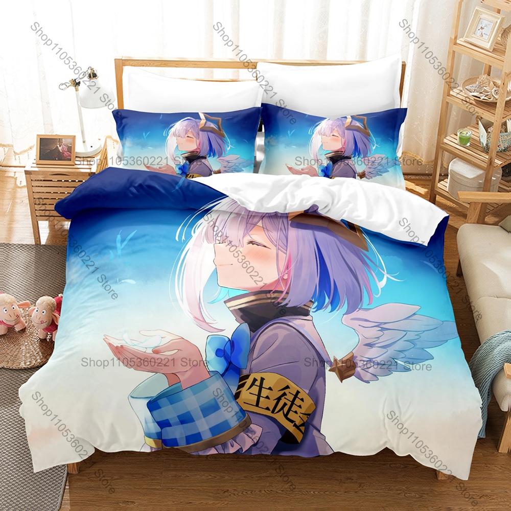 Amane Kanata Blue Hair Wing Angel Anime Print Duvet Cover + 2 Pillowcases Soft Pastel Microfiber Bedroom Decor