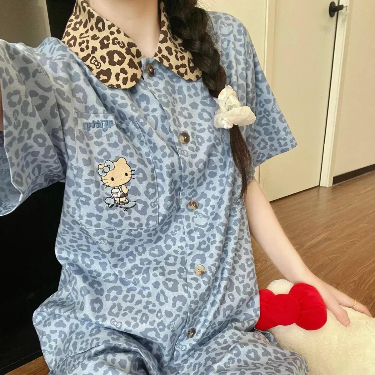 Korean ins style blue leopard print pajamas women s lace short-sleeved shorts set summer girl high-end loungewear S