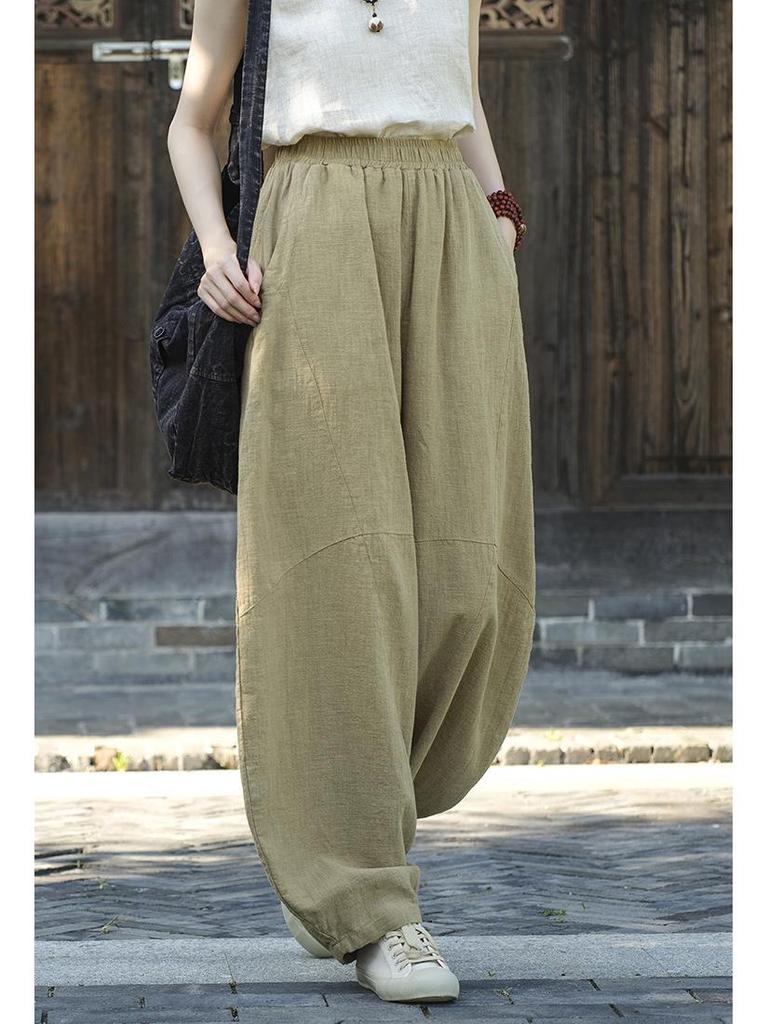 Women's Retro Ramie Sand-Washed Distressed Loose Lantern Pants for Meditation and Tai Chi