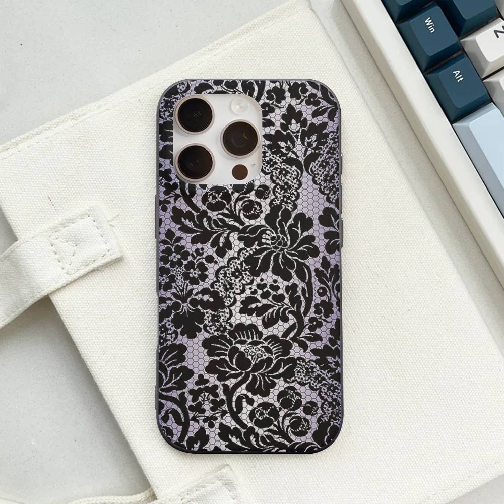 Black Lace Pattern Personalized Mobile Phone Case For IPhone 17 16 15 11 12 13 14 Pro Max Soft Corrugated Silicone Cover Case