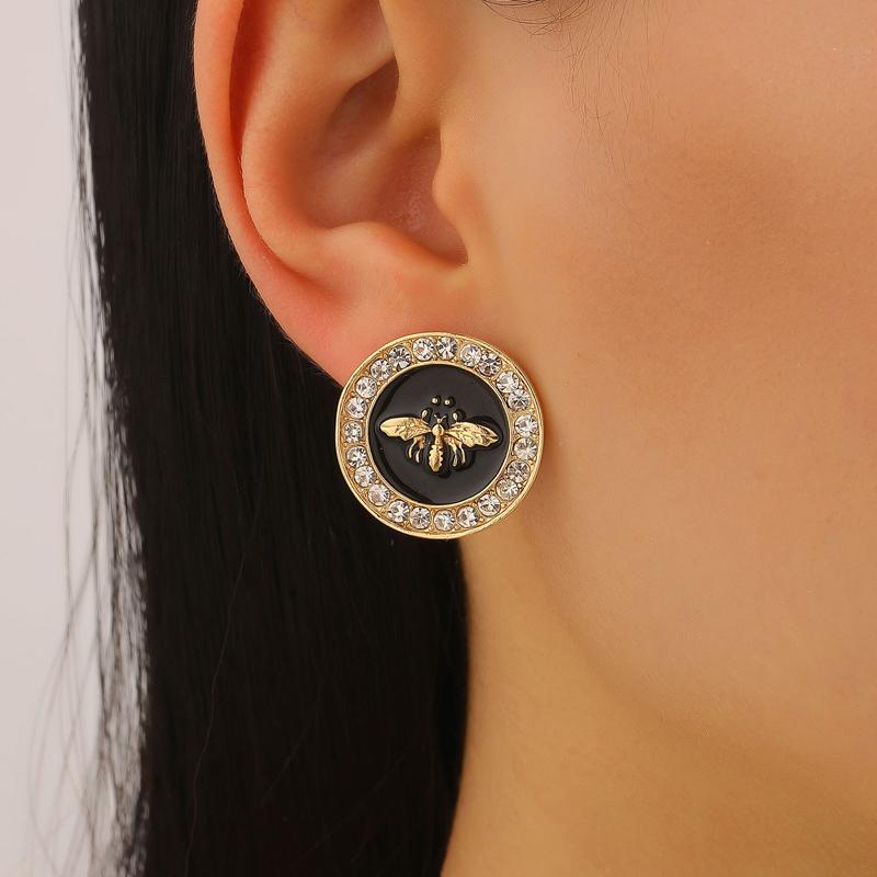 Personality Metal Lion Bee Stud Earrings with Rhinestones for Women Fashion Drip Oil Round Geometric Earrings Neo-Gothic Jewelry
