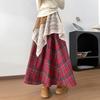 Women's Vintage Plaid Maxi Skirt with Lace Overlay High Waist A-line Flowy Boho Cottagecore Long Skirt