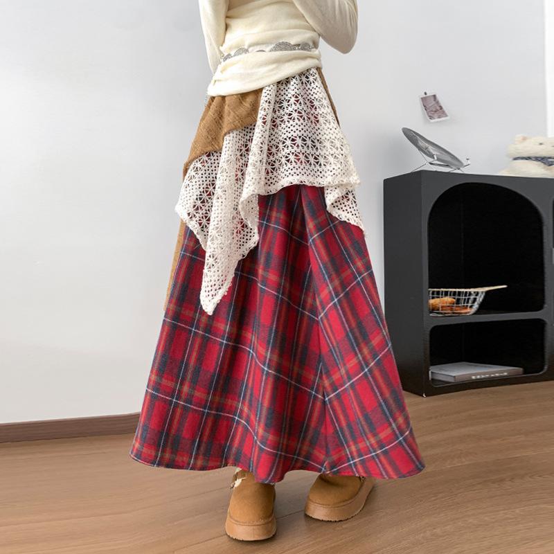 Women s Vintage Plaid Maxi Skirt with Lace Overlay High Waist A-line Flowy Boho Cottagecore Long Skirt S