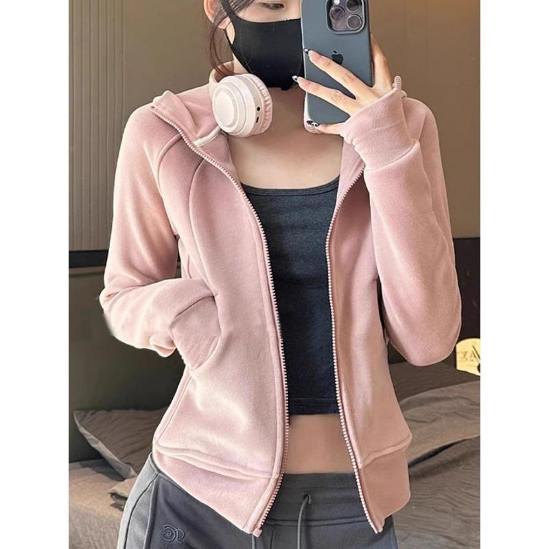 Velvet Thickened Hooded Sweatshirt for Women Spring Zipper Versatile Long-sleeved Top Korean Style Cardigan Jacket