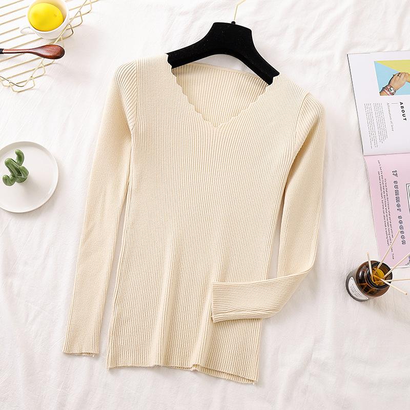 

Осенне-зимний кружевной облегающий свитер с V-образным вырезом, женский вязаный универсальный пуловер с длинными рукавами, топ One Size абрикосовый