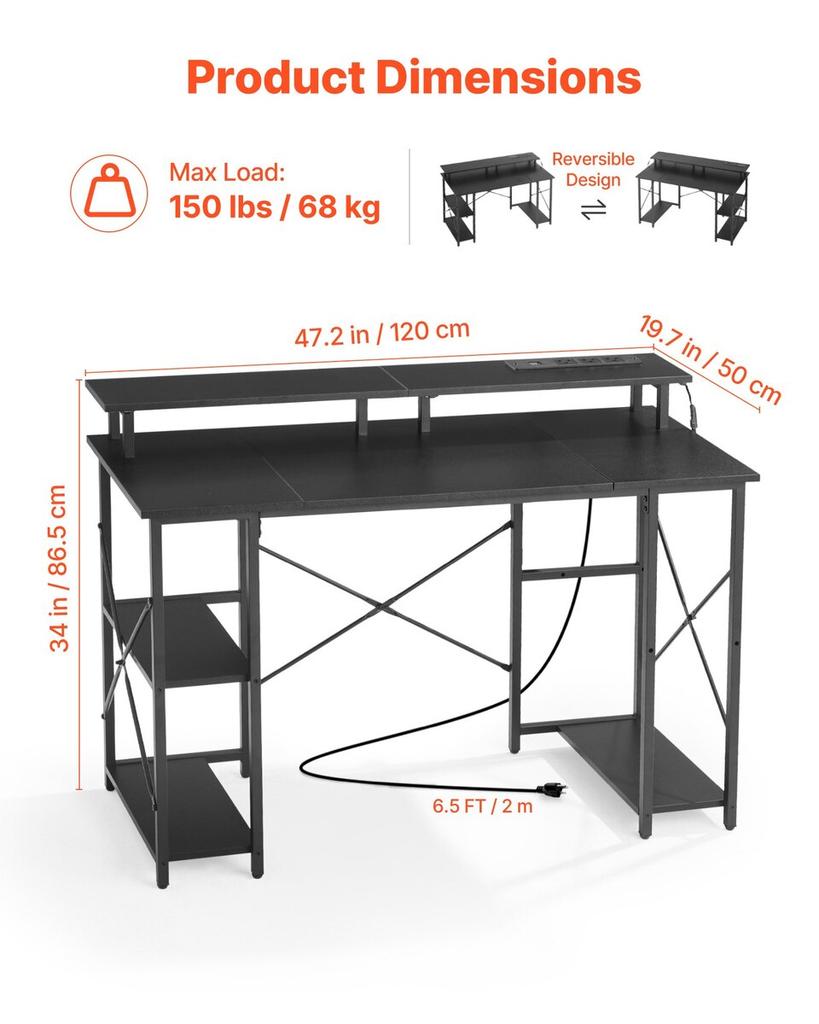 120 cm Computer Desk with Smart LED Lights and Power Outlets, Reversible Gaming Office Desk with Monitor Stand and 2-Tier Storage Shelves, Study Work