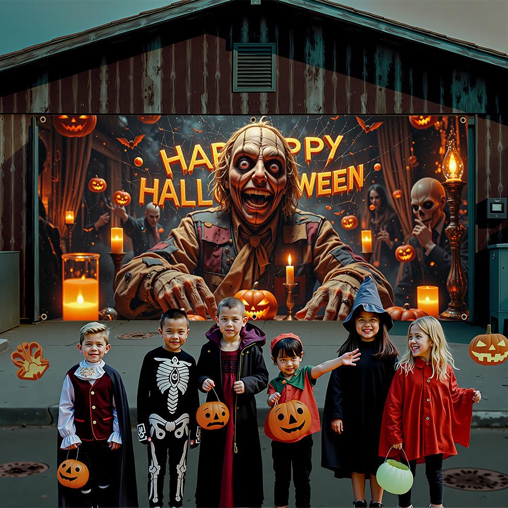 2D Halloween Zombie Garage Banner, Polyester, Happy Halloween Candle Design, Suitable for Halloween Parties